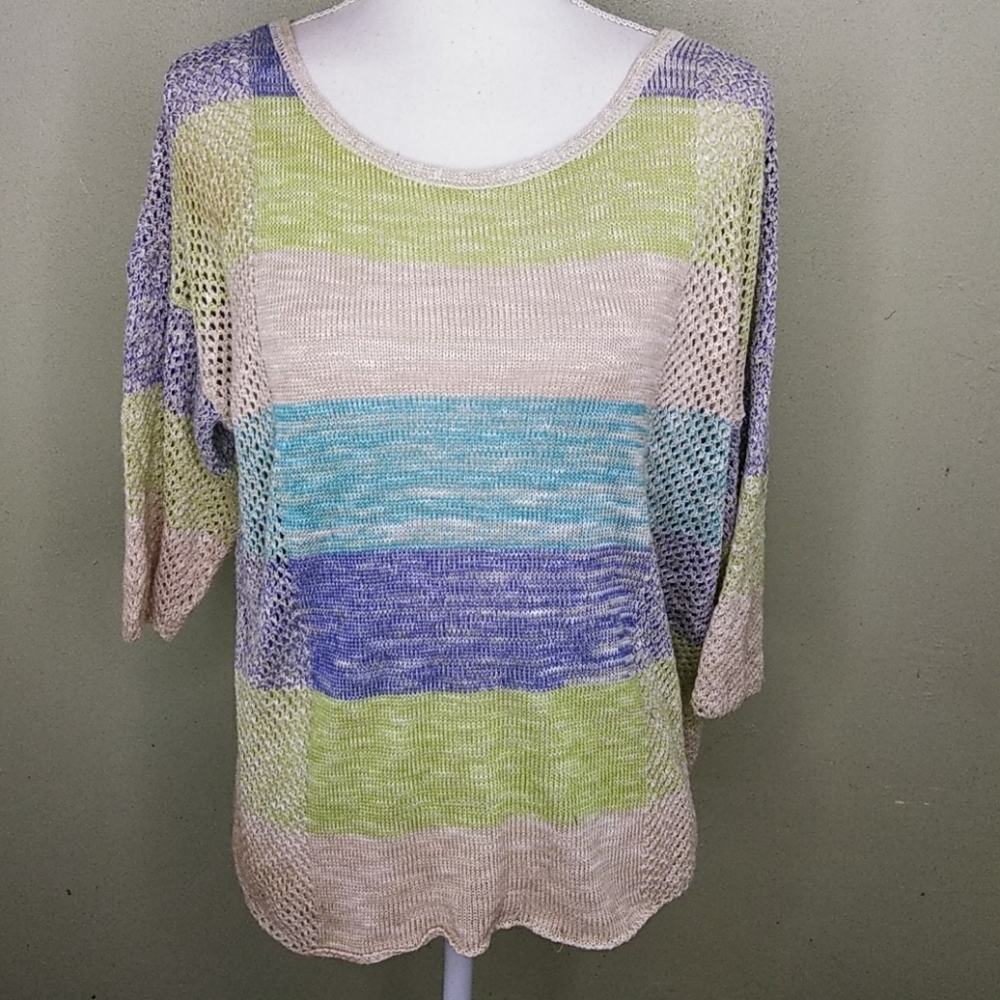 Two-One-Two Striped Sweater Top with Open Mesh Sides - L